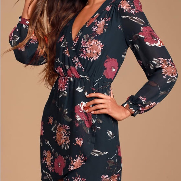 Long sleeve navy floral casual dress - Picture 1 of 3